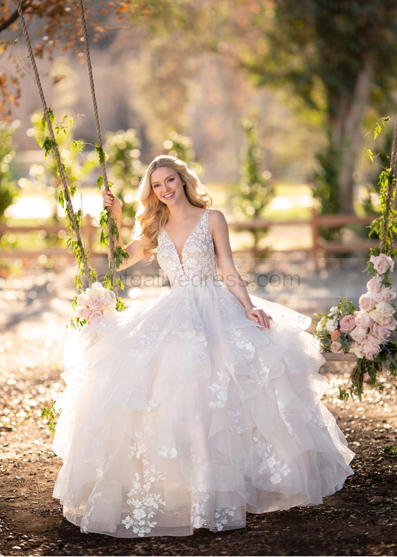 Plunging V Neck Beaded Ivory Lace Tulle Ruffle Deep V Back Wedding Dress